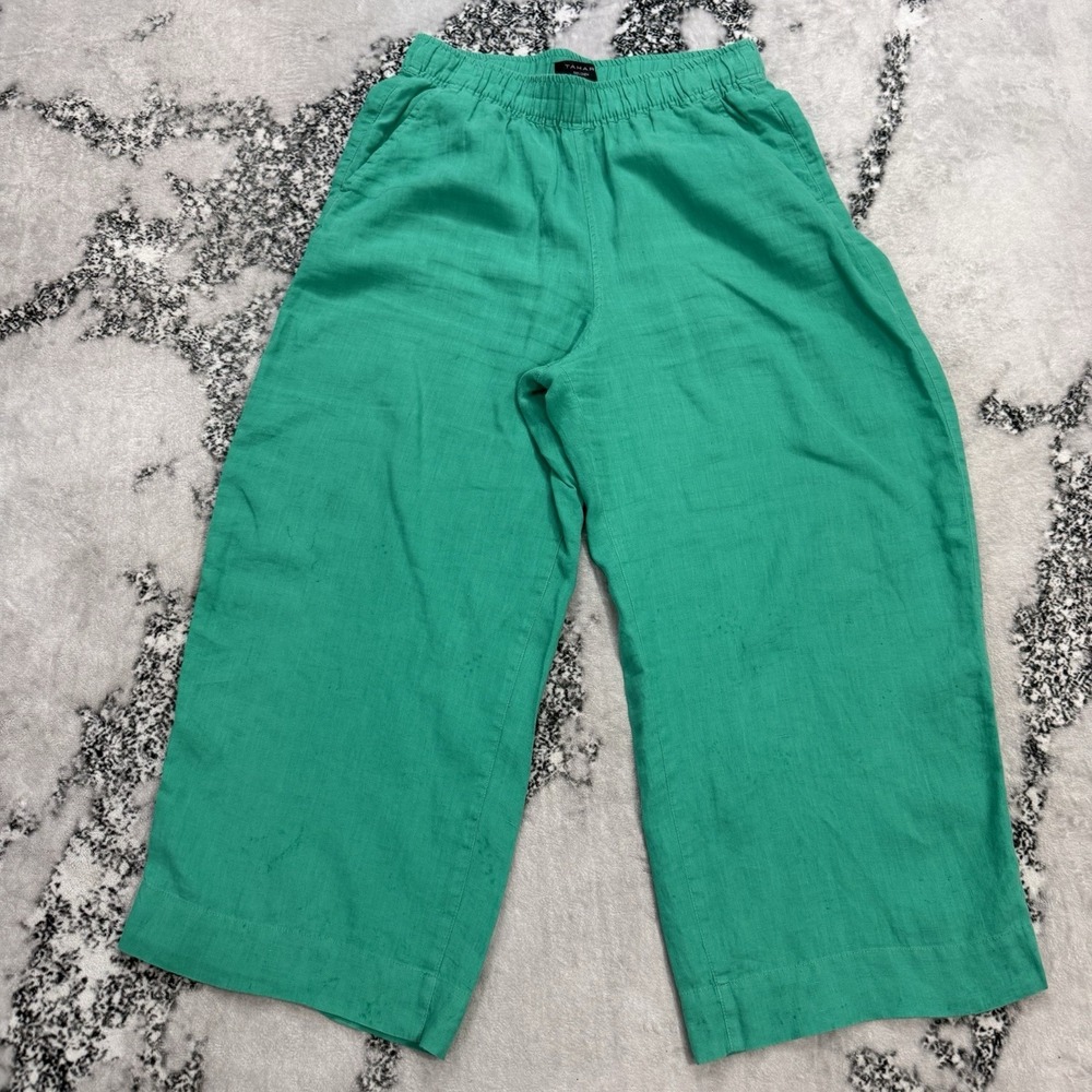 Tahari 100% Linen Pull On Crop Pants Wide Leg Elastic Waist Womens L High Rise